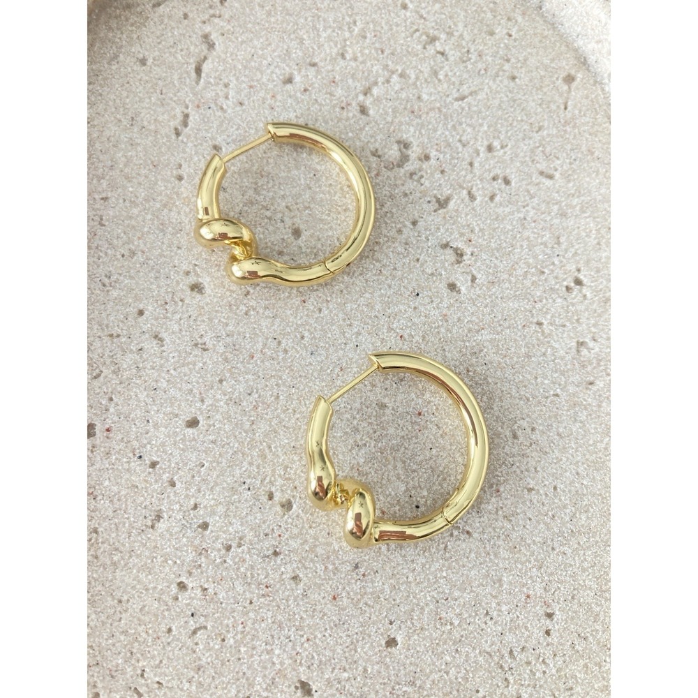 Gold Tone Knot Bead Hoop Earrings‎ Polished Round Structural Runway Couture